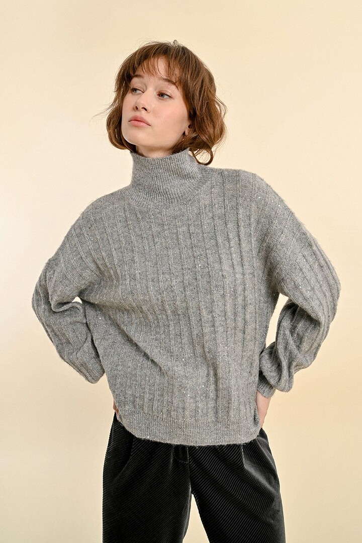 SWEATER WITH HIGH COLLAR AND PUFFED SLEEVES SILVER