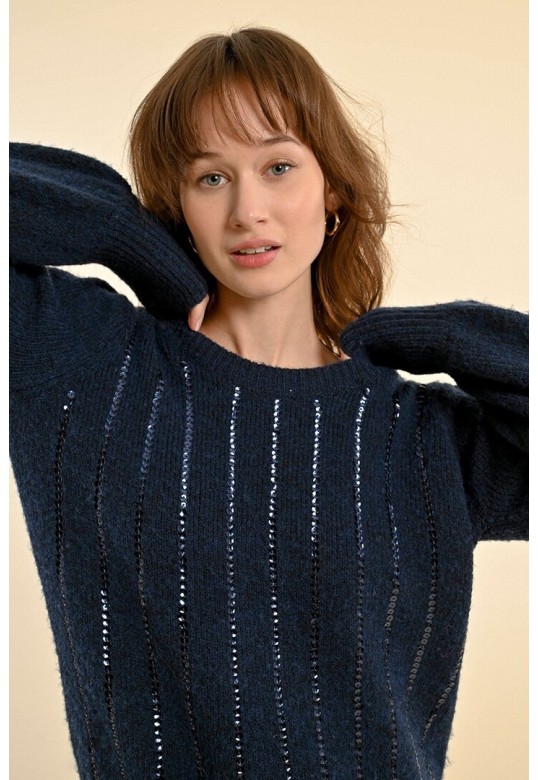 SWEATER WITH WOOL, PUFFED SLEEVES NAVY BLUE