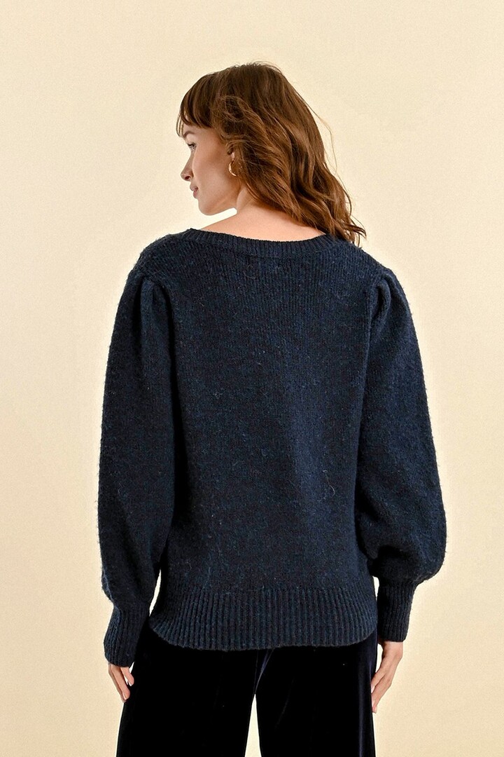 SWEATER WITH WOOL, PUFFED SLEEVES NAVY BLUE