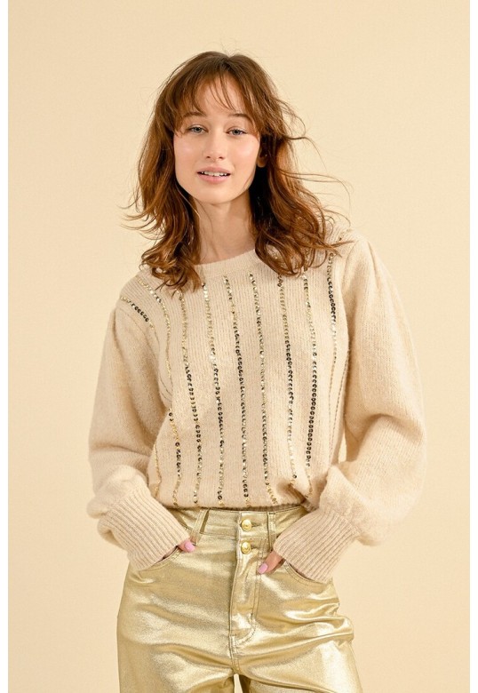 SWEATER WITH WOOL, PUFFED SLEEVES CREAM