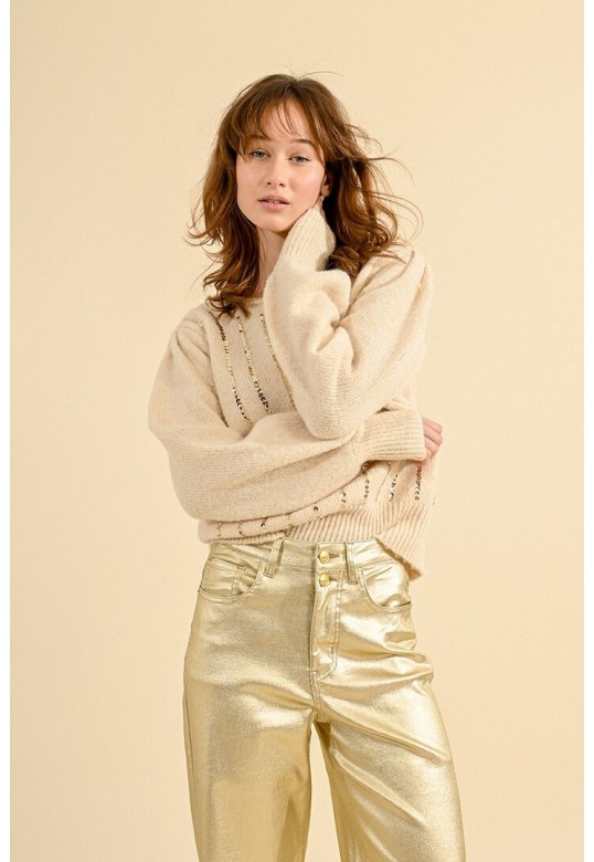 SWEATER WITH WOOL, PUFFED SLEEVES CREAM