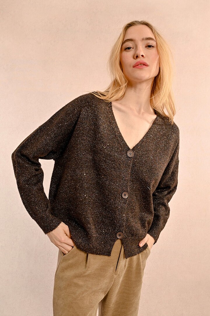 V-NECK CARDIGAN WITH WOOL CHOCOLATE