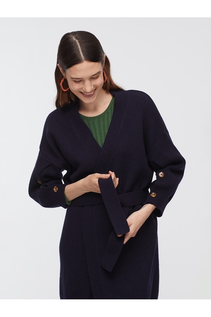 Belted long cardigan navy