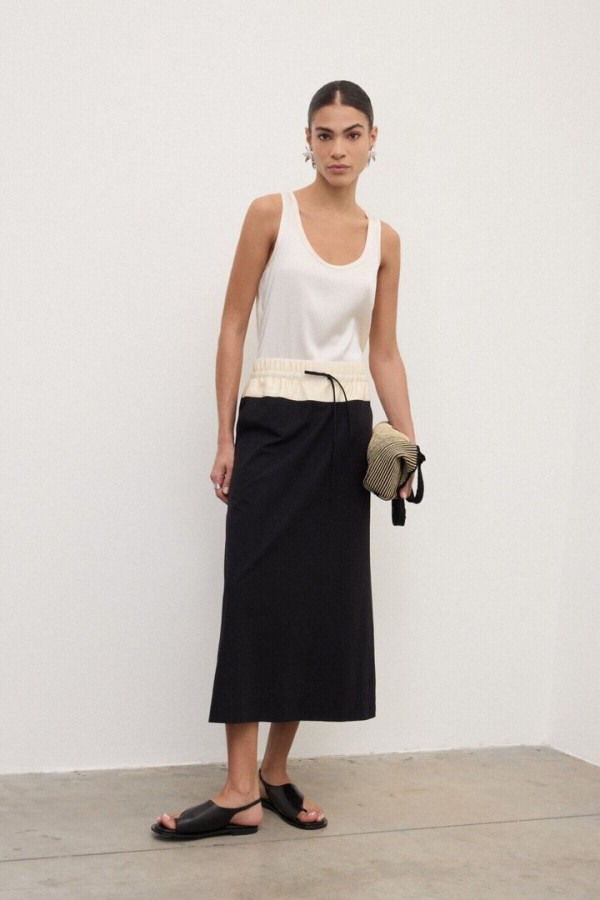 Long skirt with drawstring Black-Ecru