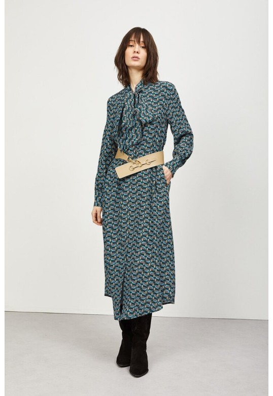 Printed viscose dress with scarf-neck