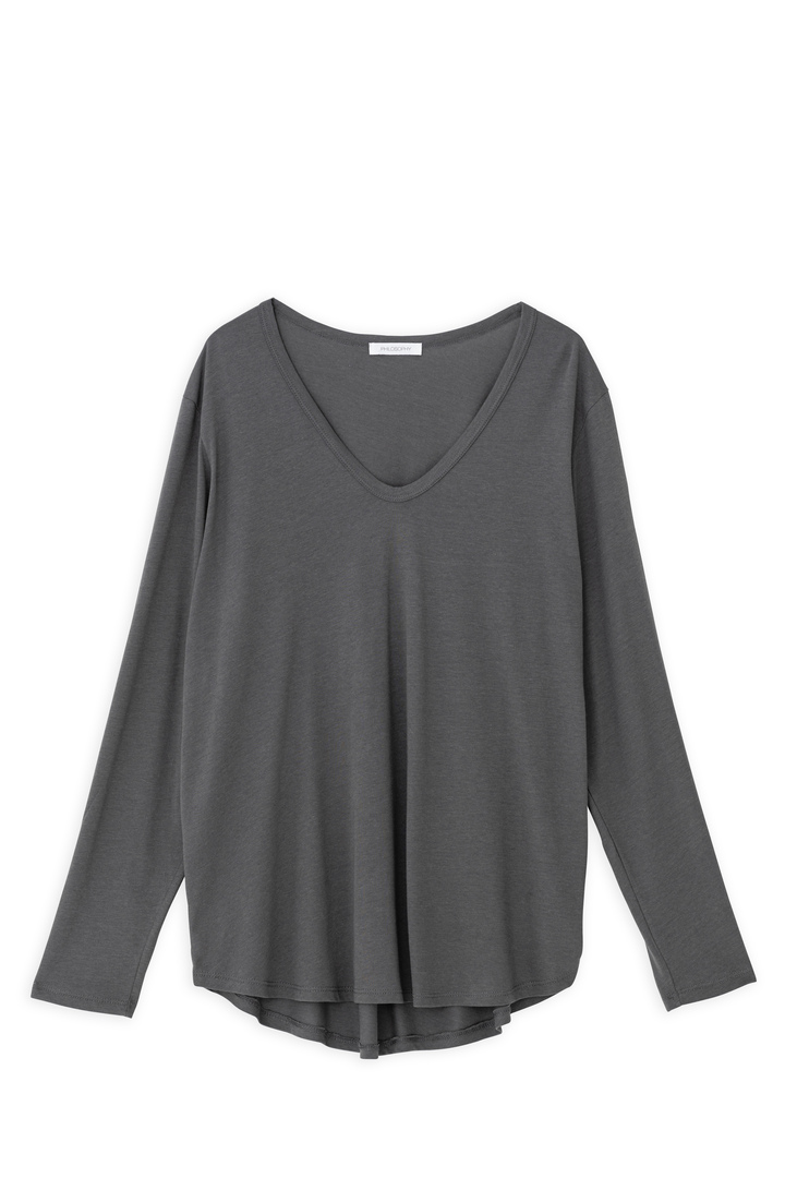 ORGANIC JERSEY OVERSIZED V NECK TOP GRAPHITE