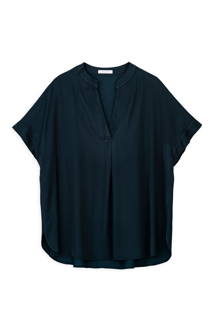 SATIN ECOVERO SHORT SLEEVE BLOUSE DARK BLUE