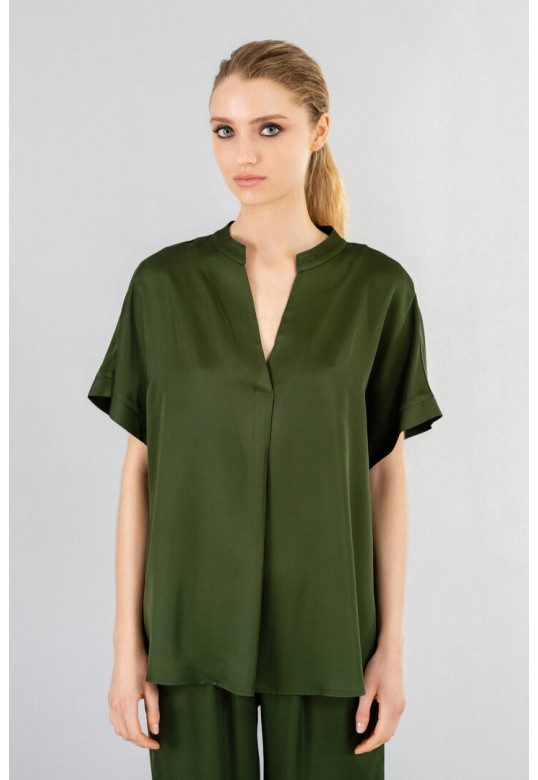 SATIN ECOVERO SHORT SLEEVE BLOUSE DARK GREEN