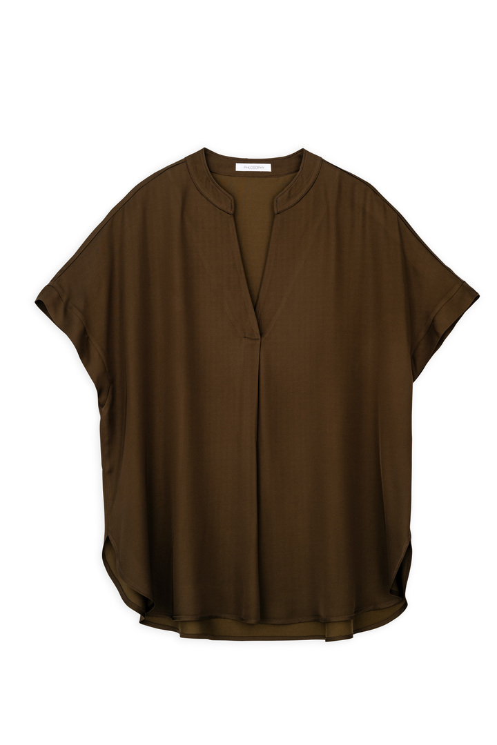 SATIN ECOVERO SHORT SLEEVE BLOUSE OLIVE BROWN