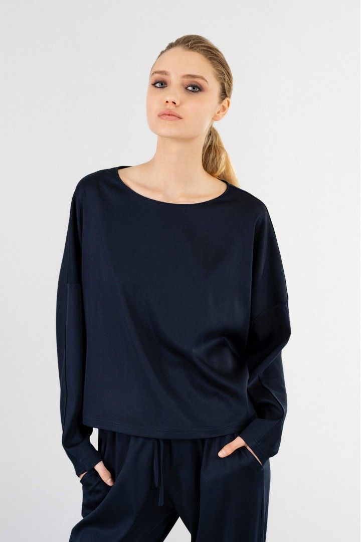 SATIN SANDWASHED CROPPED TOP DARK BLUE