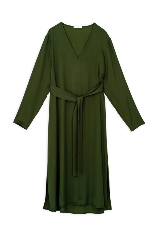 SATIN ECOVERO V NECK DRESS DARK GREEN