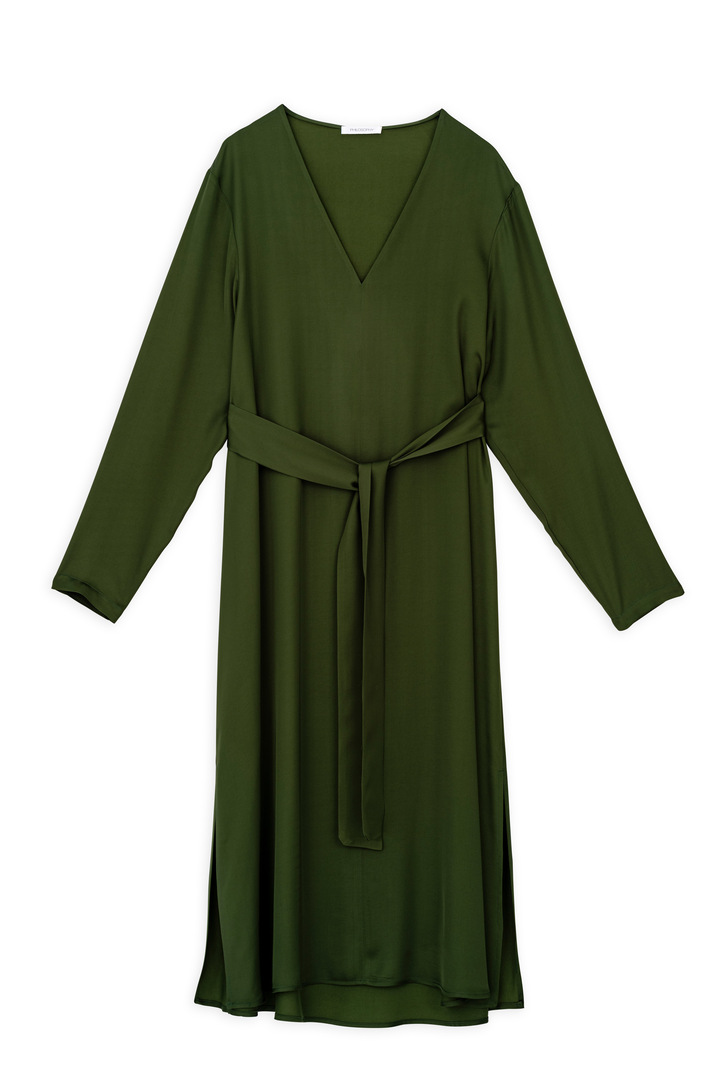 SATIN ECOVERO V NECK DRESS DARK GREEN