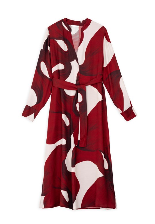 SATIN PRINT MIDI DRESS DARK RED