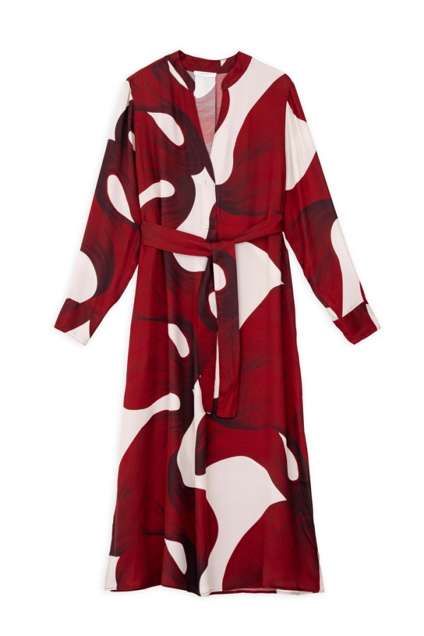 SATIN PRINT MIDI DRESS DARK RED