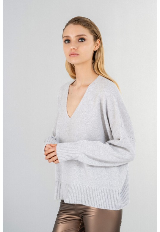 CASHMERE V NECK SWEATER GREY MELANGE