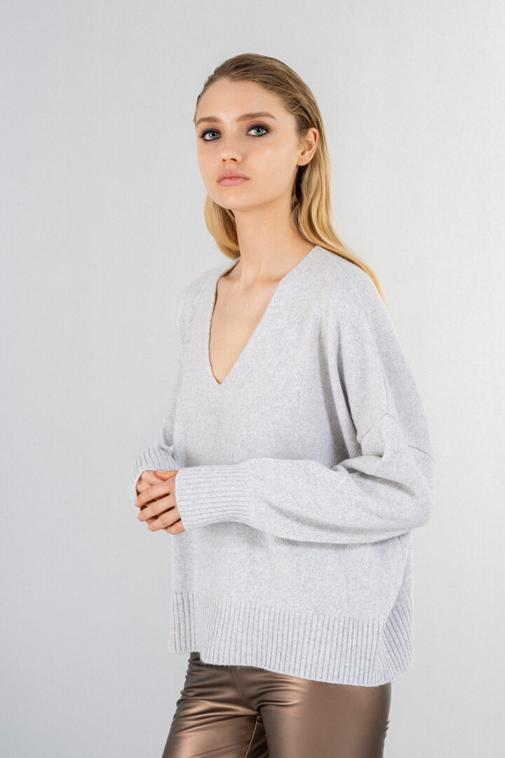 CASHMERE V NECK SWEATER GREY MELANGE