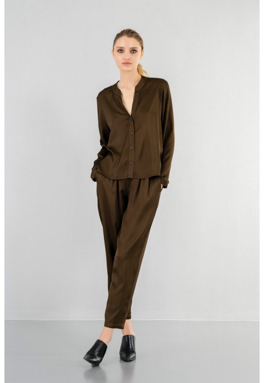 SATIN ECOVERO CROPPED SHIRT OLIVE BROWN