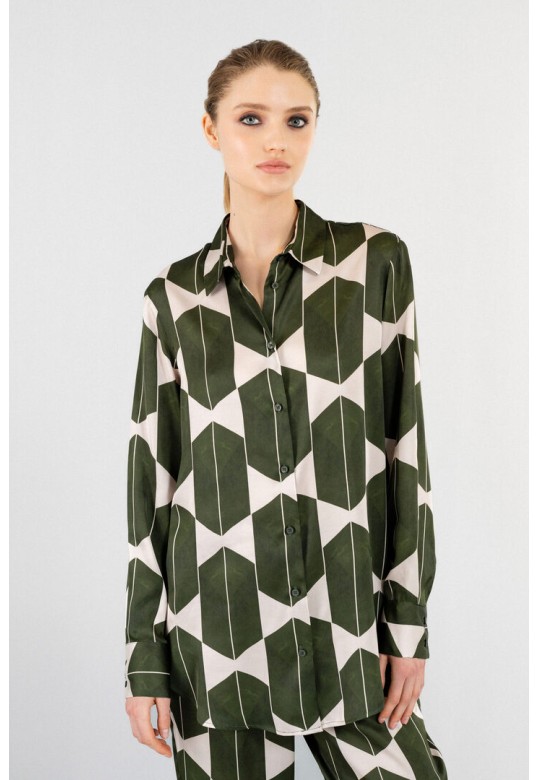 SATIN PRINT OVERSIZED SHIRT KHAKI