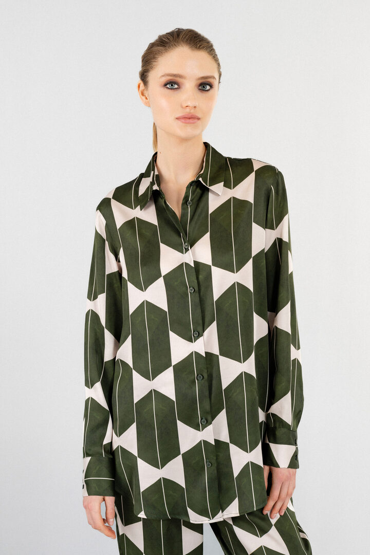 SATIN PRINT OVERSIZED SHIRT KHAKI