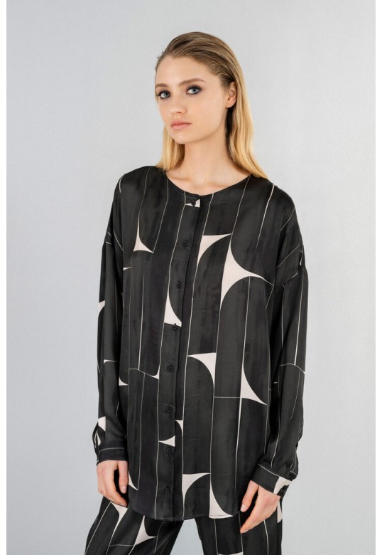 SATIN PRINT OVERSIZED SHIRT OFF BLACK