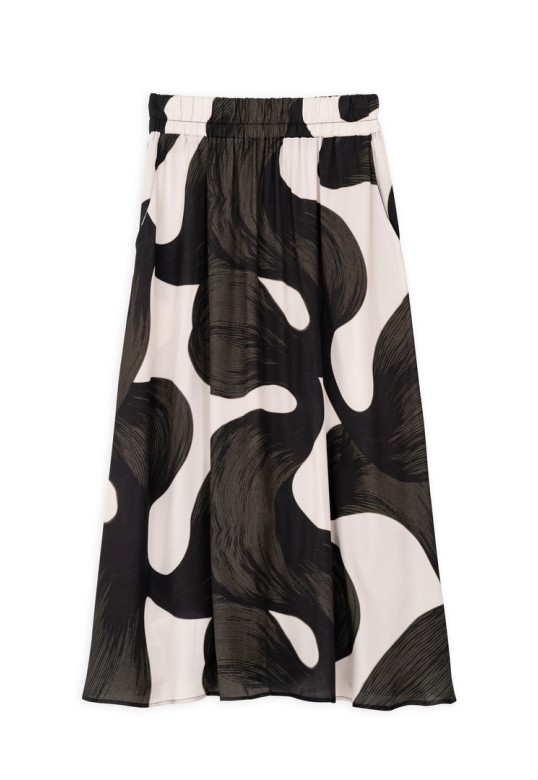 SATIN PRINT MIDI SKIRT OFF BLACK