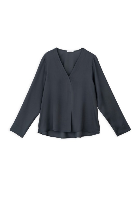 SATIN ECOVERO V NECK BLOUSE ANTHRACITE