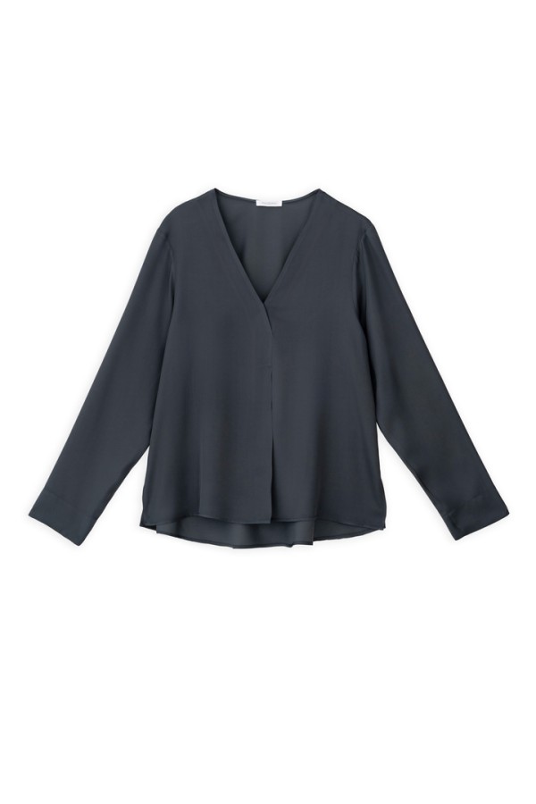 SATIN ECOVERO V NECK BLOUSE ANTHRACITE