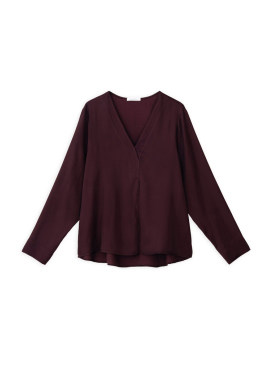SATIN ECOVERO V NECK BLOUSE DARK BORDEAUX