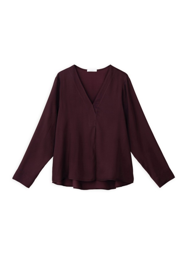 SATIN ECOVERO V NECK BLOUSE DARK BORDEAUX