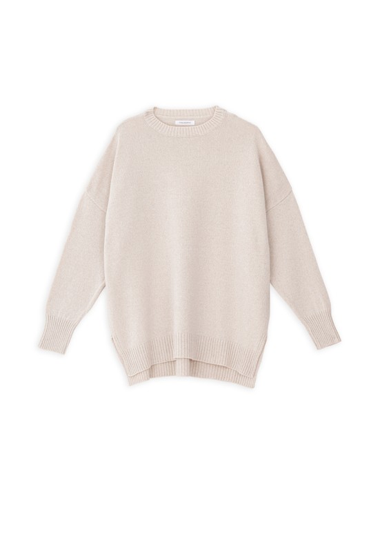 CASHMERE ROUND NECK LONG SWEATER BEIGE MELANGE