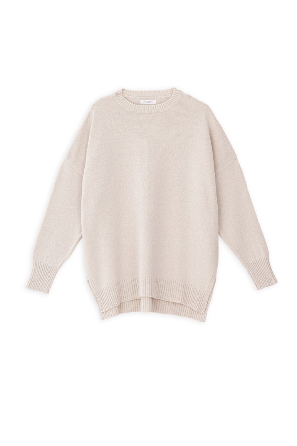 CASHMERE ROUND NECK LONG SWEATER BEIGE MELANGE