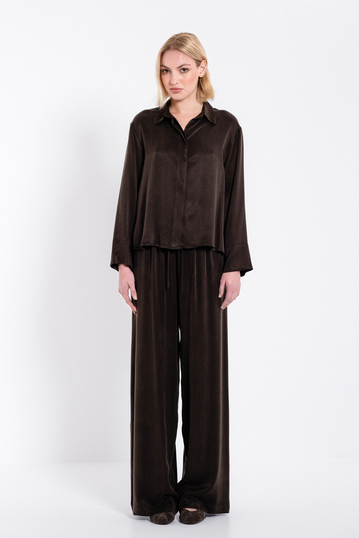 CUPRO VISCOSE CROPPED SHIRT DARK BROWN