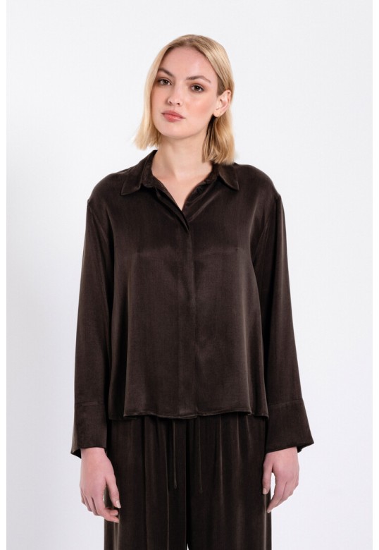 CUPRO VISCOSE CROPPED SHIRT DARK BROWN