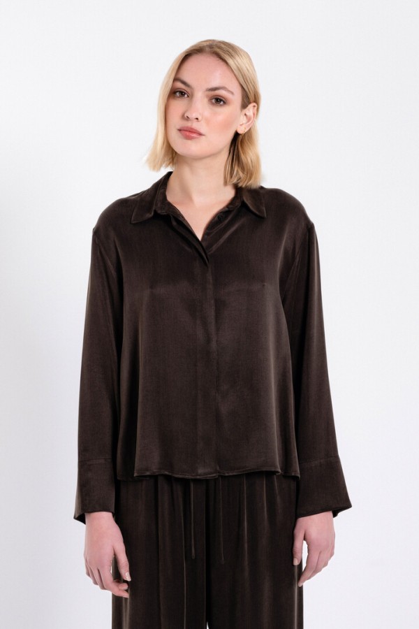 CUPRO VISCOSE CROPPED SHIRT DARK BROWN