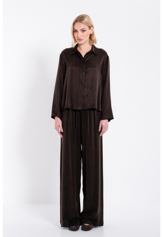 CUPRO VISCOSE WIDE-LEG PANTS DARK BROWN