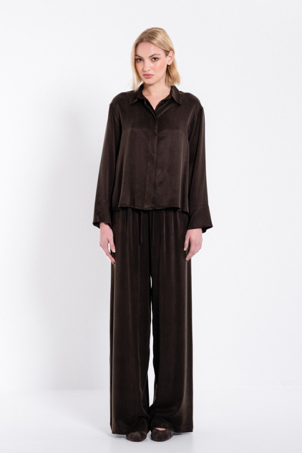 CUPRO VISCOSE WIDE-LEG PANTS DARK BROWN