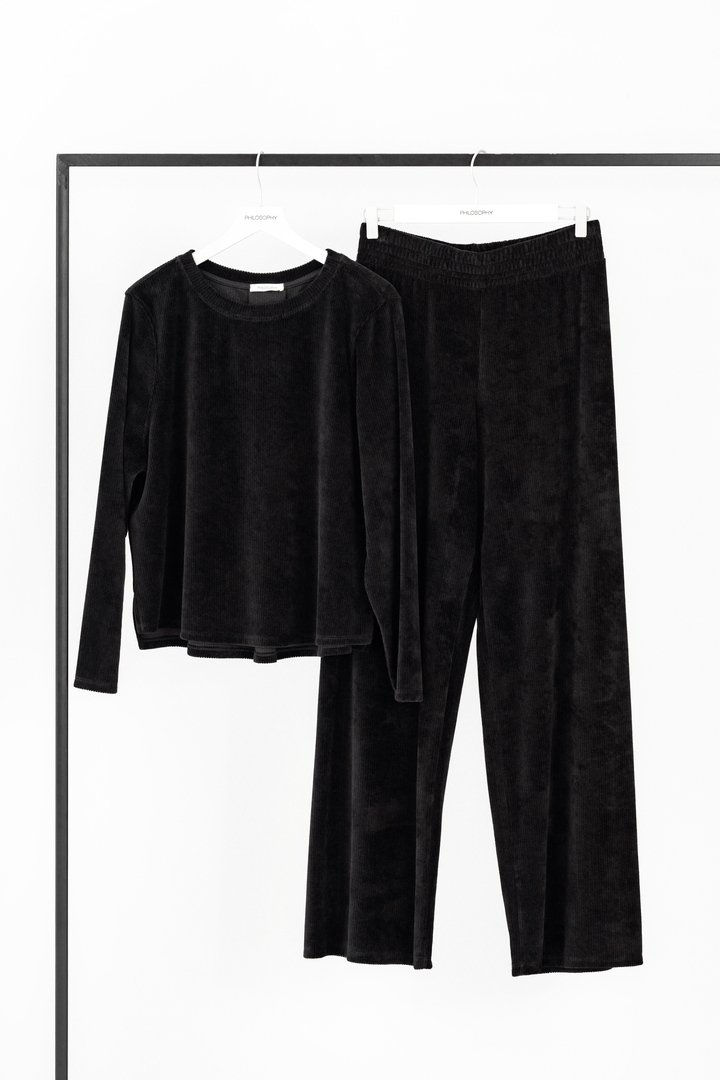 VELOUR CORDUROY WIDE-LEG PANTS BLACK