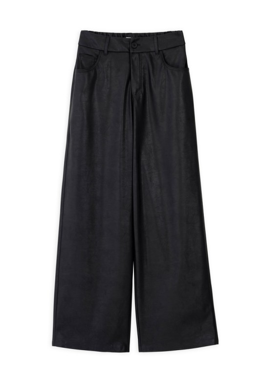 LEATHER WIDE LEG PANTS BLACK