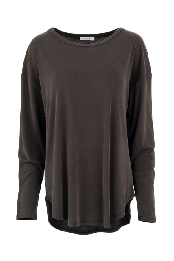 RIB SANDWASHED LONG TOP DARK KHAKI