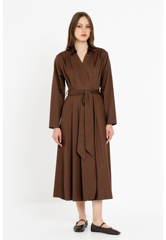 POPLIN WRAP DRESS DARK BROWN