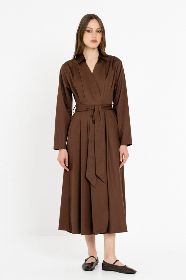 POPLIN WRAP DRESS DARK BROWN