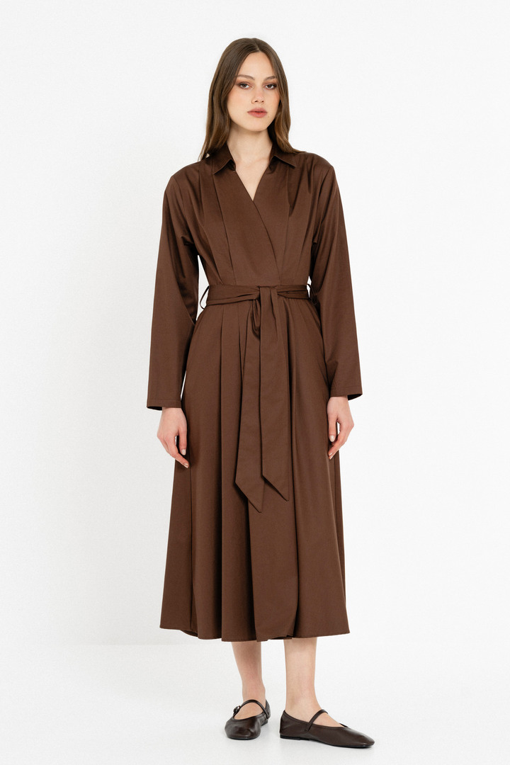 POPLIN WRAP DRESS DARK BROWN