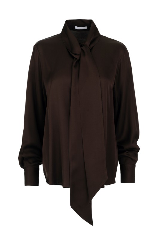 SATIN ECOVERO TIE NECK SHIRT DARK BROWN