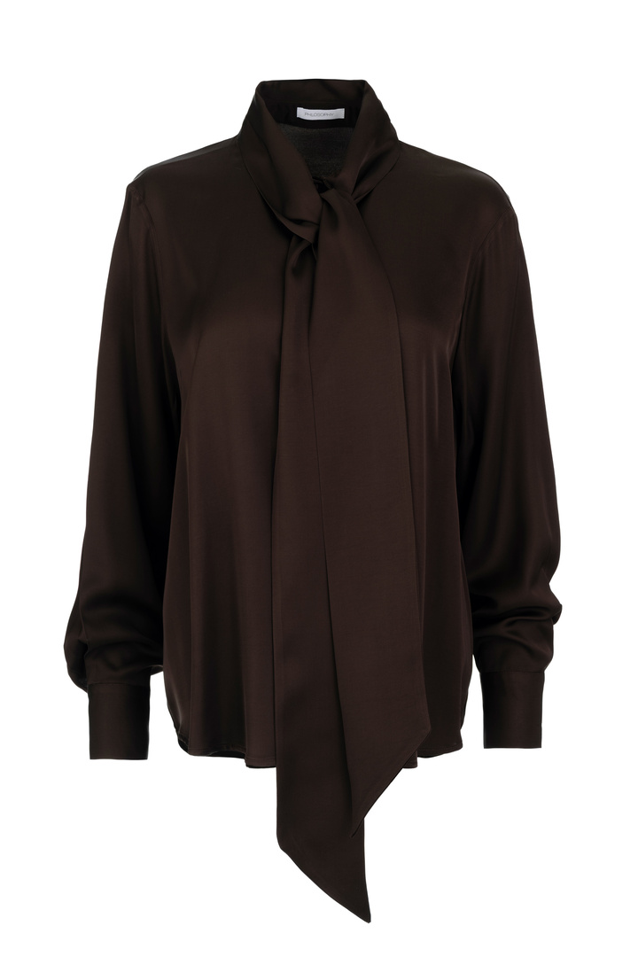 SATIN ECOVERO TIE NECK SHIRT DARK BROWN