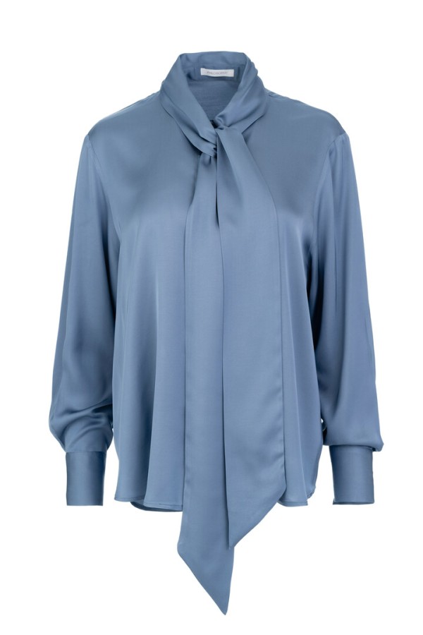 SATIN ECOVERO TIE NECK SHIRT LIGHT BLUE