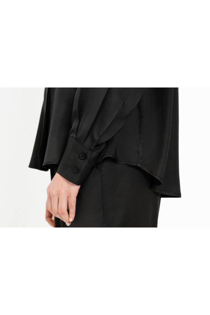SATIN ECOVERO TIE NECK SHIRT OFF BLACK