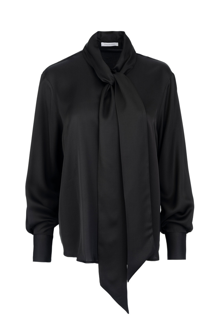 SATIN ECOVERO TIE NECK SHIRT OFF BLACK