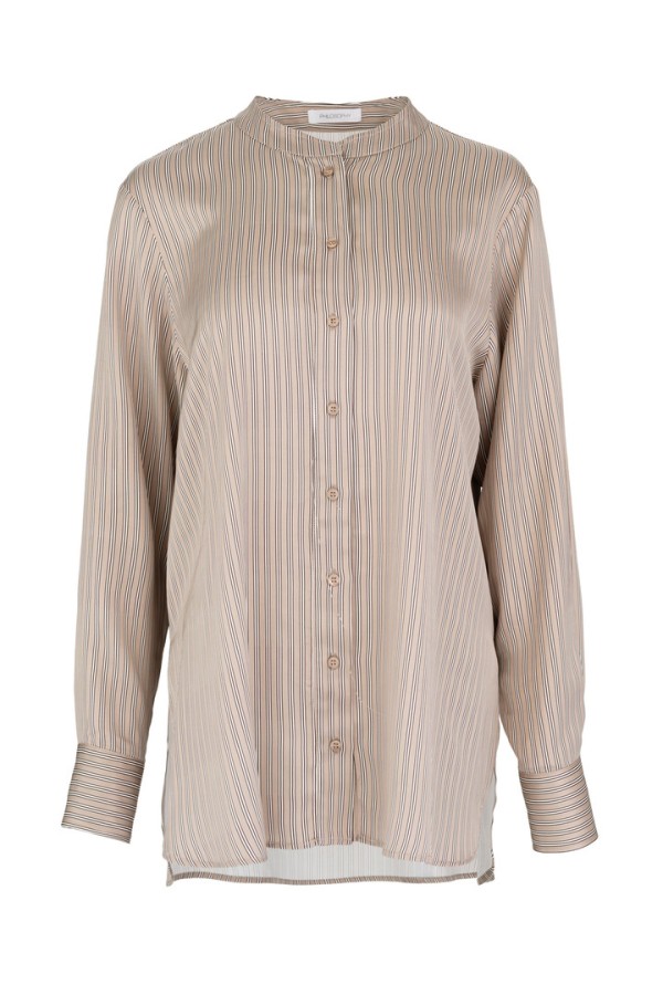 SATIN STRIPES OVERSIZED SHIRT BEIGE
