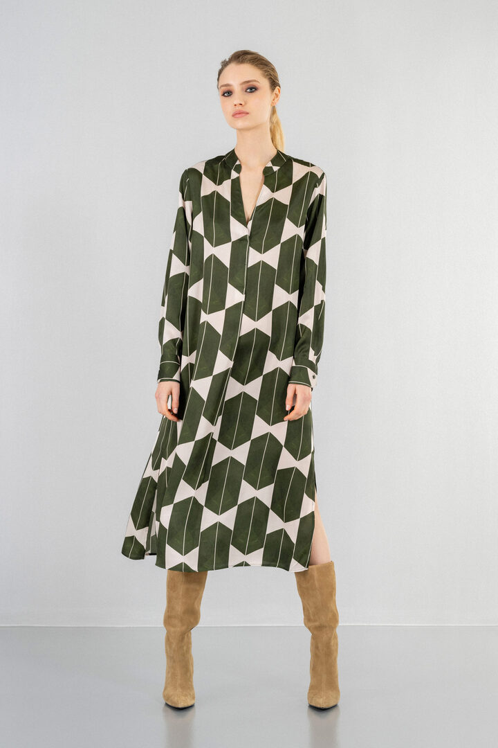 SATIN PRINT MIDI DRESS KHAKI