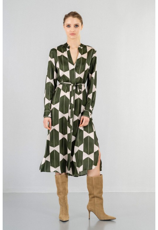 SATIN PRINT MIDI DRESS KHAKI